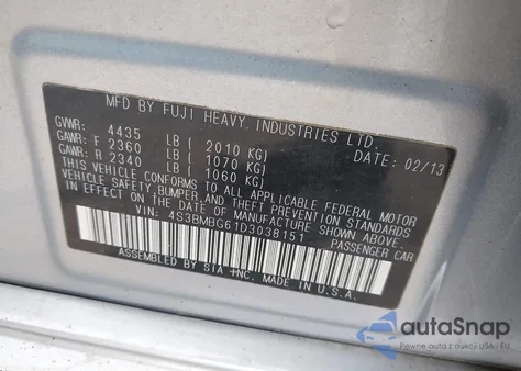 2013 Subaru Legacy 2.5 I Sport from USA, damaged, VIN 4S3BMBG61D3038151